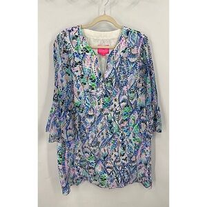 Lilly Pulitzer Elenora Silk in the print "Coastal Blue Tails of the Sea".L